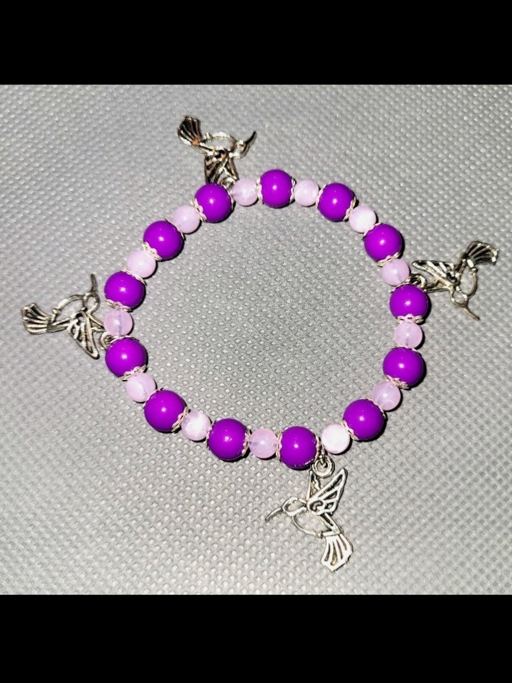 Hummingbird Charm Purple & Light Pink Beaded Stretch Bracelet